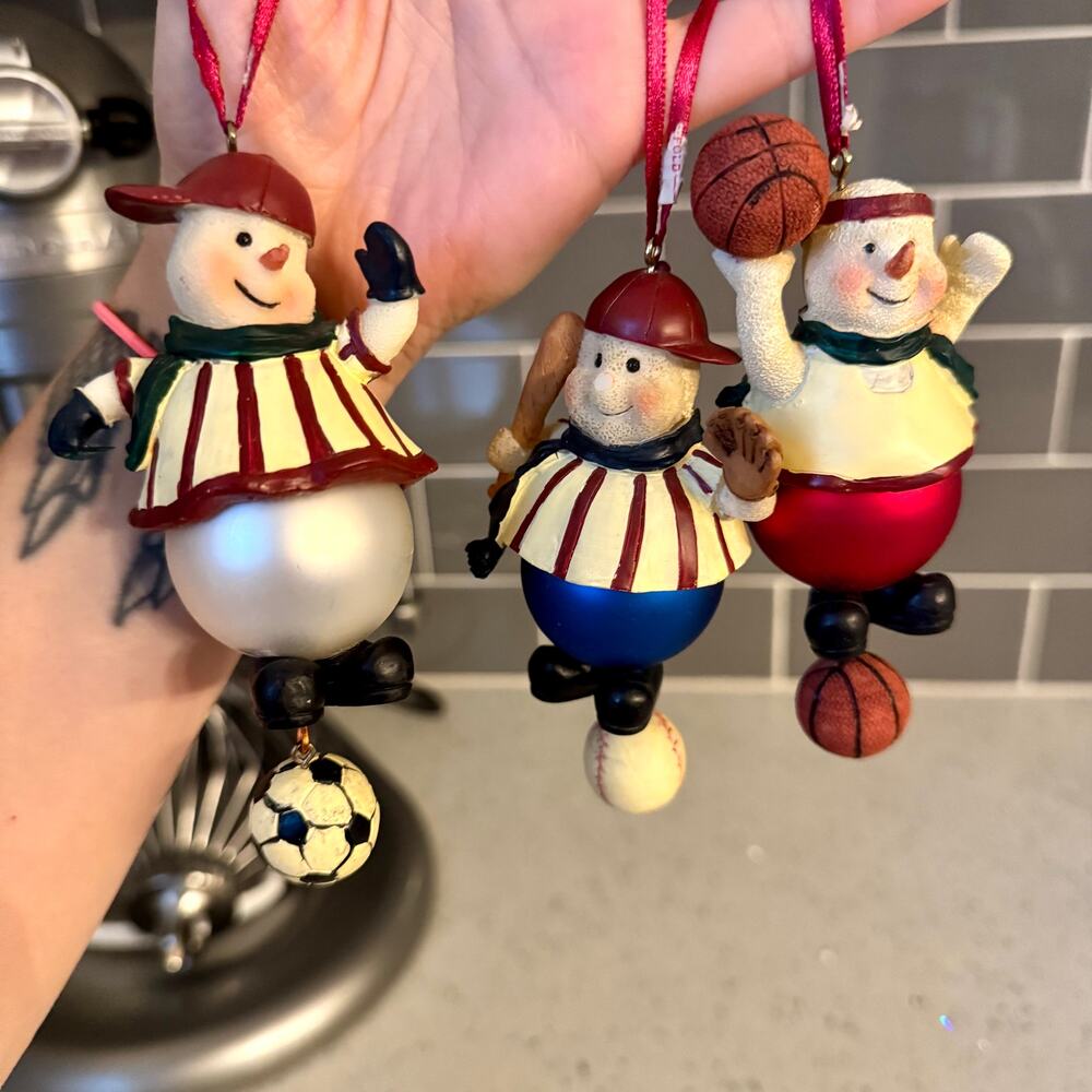 3 Y2K Vintage Sports Snowman Christmas Ornaments Soccer Basketball Baseball